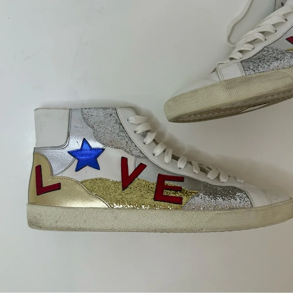 YSL Mid top sneaker with appliqué “Love” “Stars” and glitter panels 43.5 - Picture 2 of 12